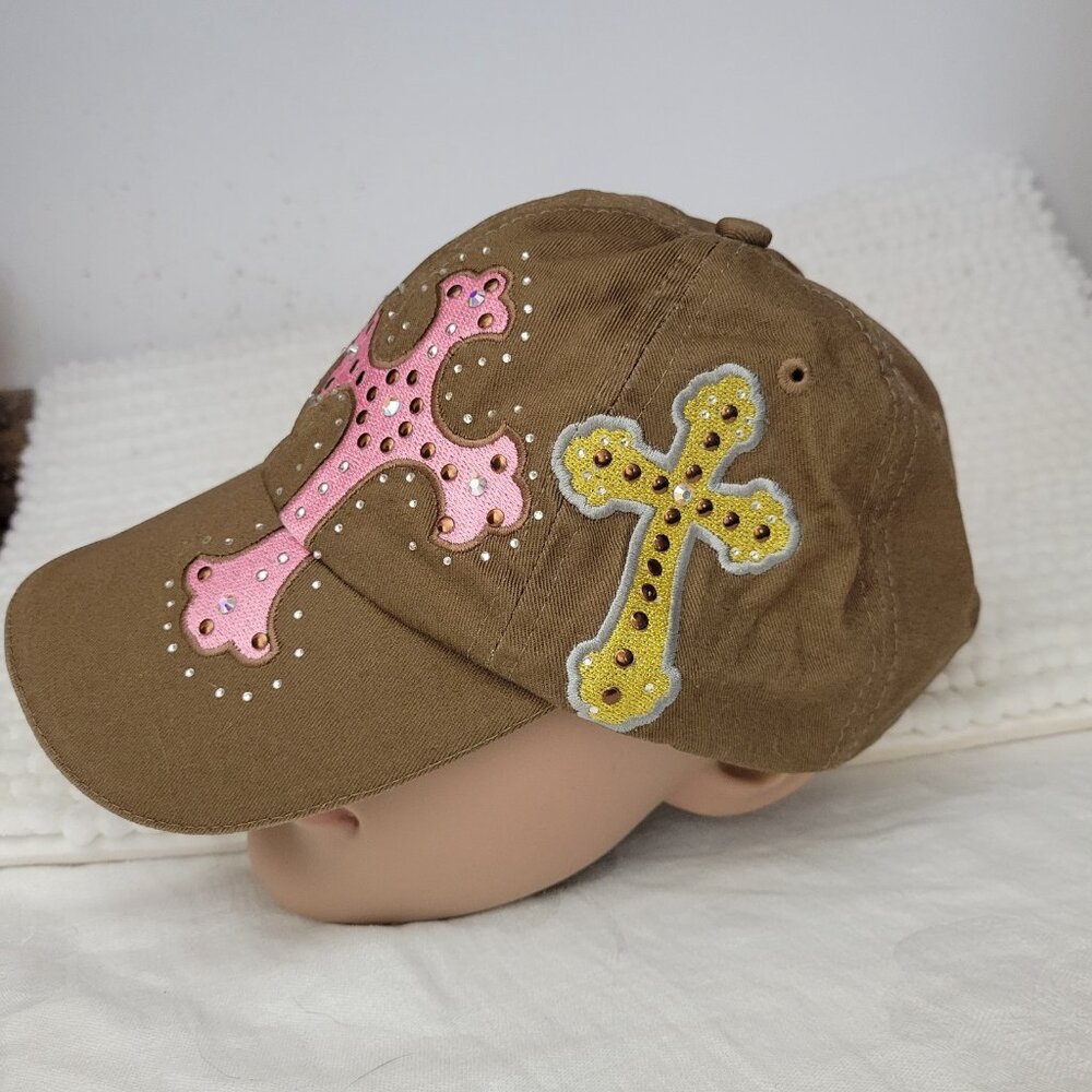 M&F Western Baseball Hat Women's Bling Cross Glam Chic Brown Shiny rhinestones - Picture 3 of 9